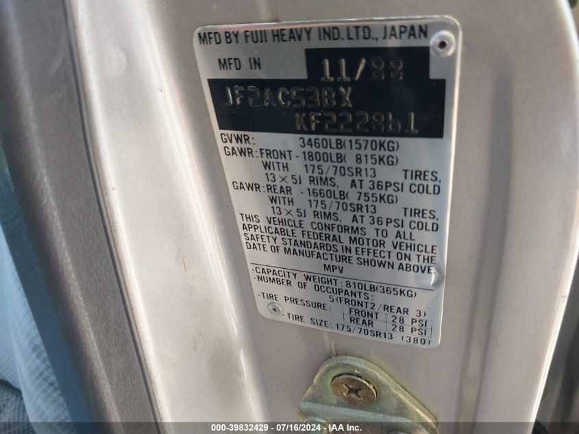 1989 Subaru Gl 4Wd VIN: JF2AC53BXKF222861 Lot: 39832429