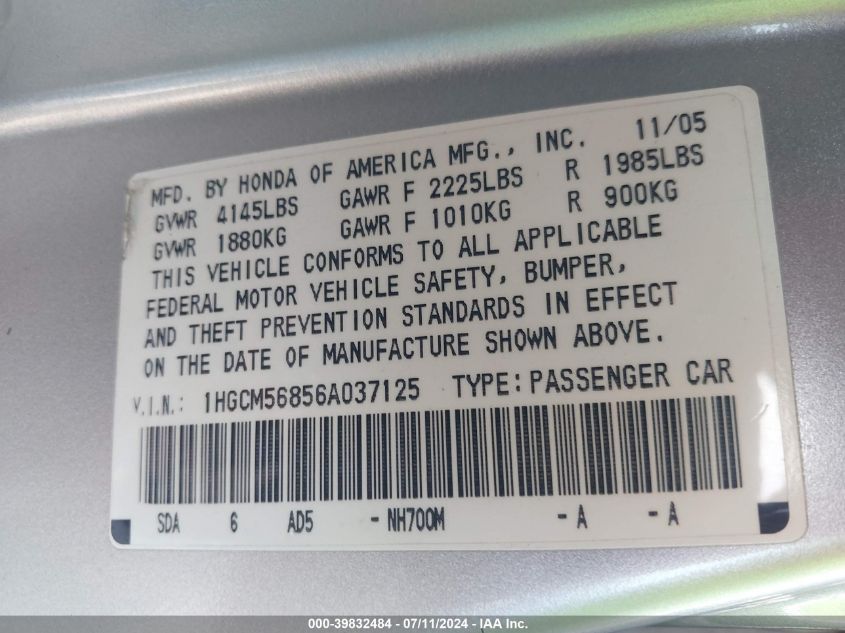 2006 Honda Accord 2.4 Ex VIN: 1HGCM56856A037125 Lot: 39832484