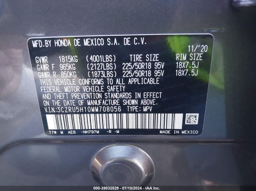 2021 Honda Hr-V 2Wd Sport VIN: 3CZRU5H10MM708056 Lot: 39832529