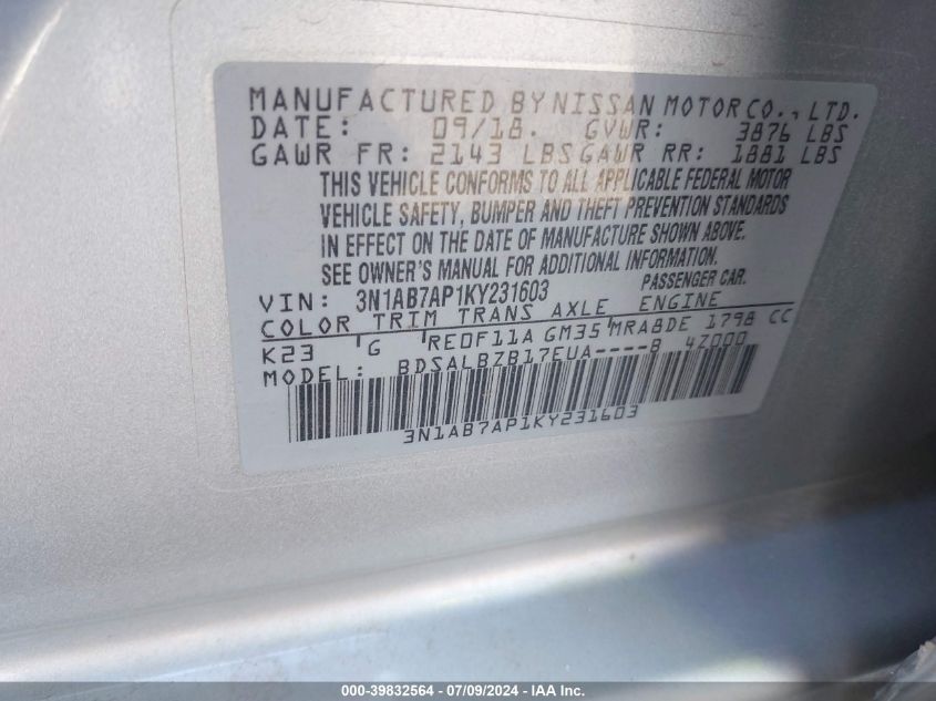 2019 Nissan Sentra S VIN: 3N1AB7AP1KY231603 Lot: 39832564