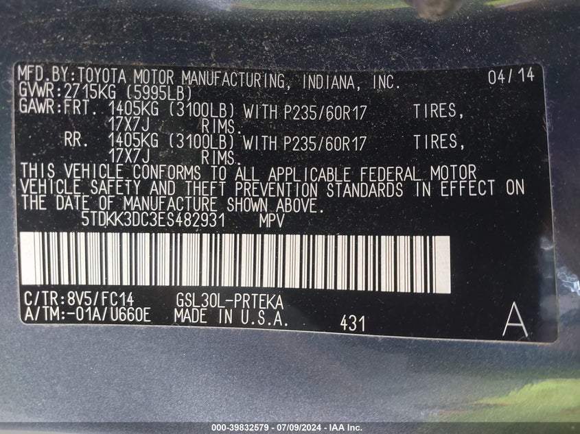 2014 Toyota Sienna Le V6 8 Passenger VIN: 5TDKK3DC3ES482931 Lot: 39832579