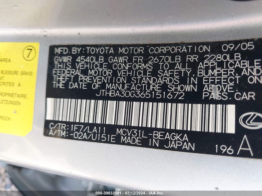 2006 Lexus Es 330 330 VIN: JTHBA30G365151672 Lot: 39832591