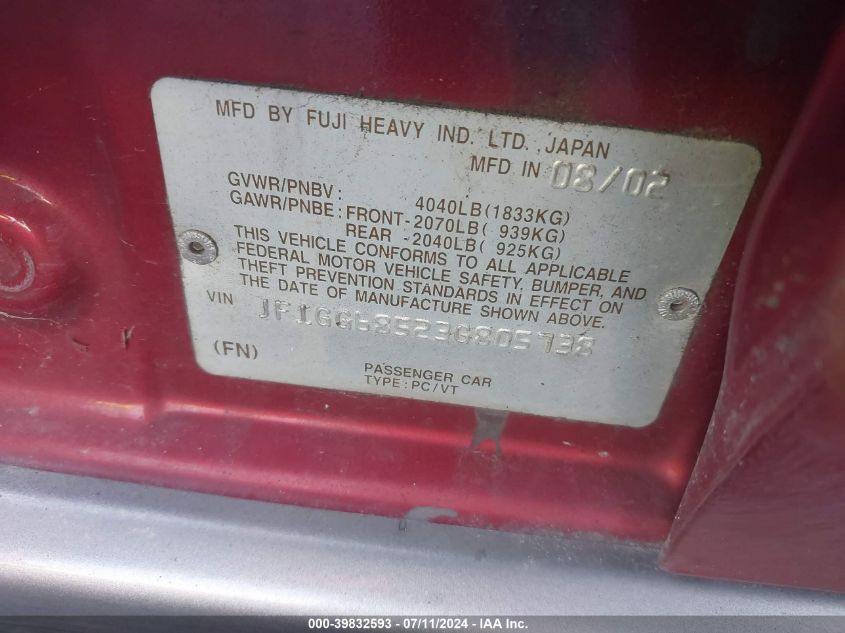 2003 Subaru Impreza Outback Sport VIN: JF1GG68523G805738 Lot: 39832593