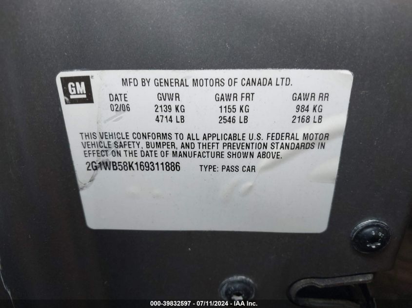 2006 Chevrolet Impala Ls VIN: 2G1WB58K169311886 Lot: 39832597