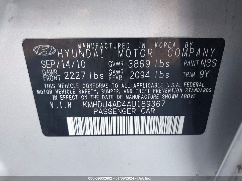 KMHDU4AD4AU189367 2010 Hyundai Elantra Gls