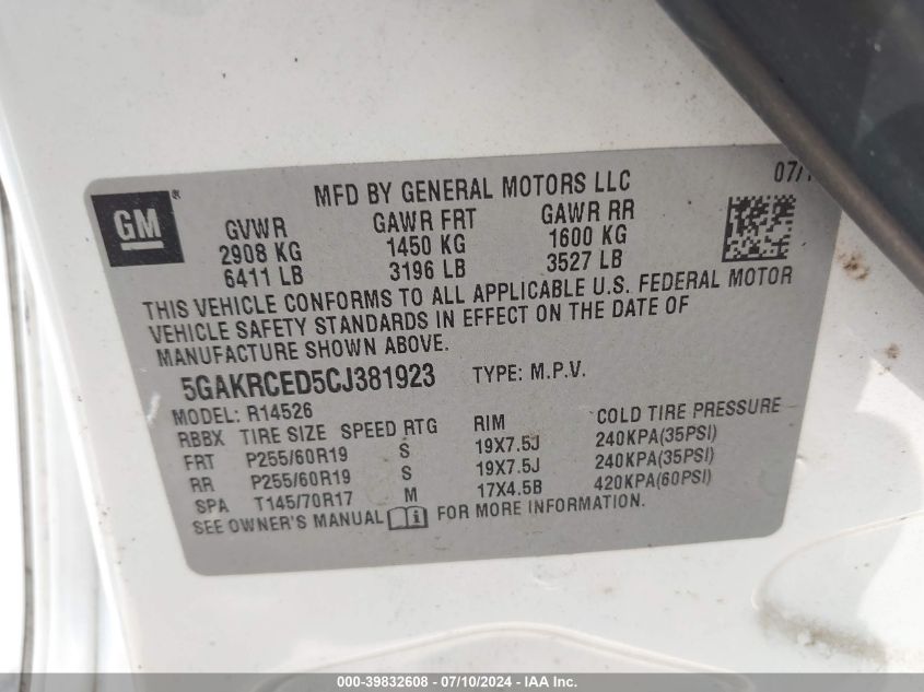 2012 Buick Enclave Leather VIN: 5GAKRCED5CJ381923 Lot: 39832608