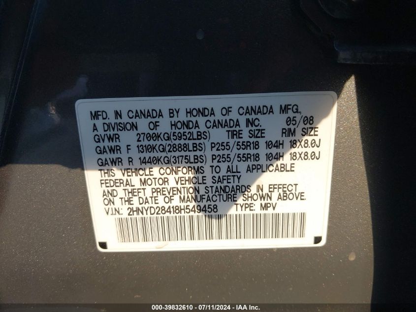 2008 Acura Mdx Technology Package VIN: 2HNYD28418H549458 Lot: 39832610