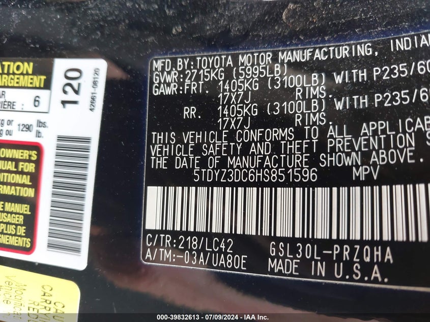 2017 Toyota Sienna Xle 8 Passenger VIN: 5TDYZ3DC6HS851596 Lot: 39832613