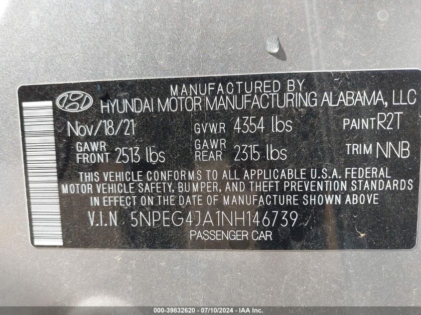2022 Hyundai Sonata Se VIN: 5NPEG4JA1NH146739 Lot: 39832620