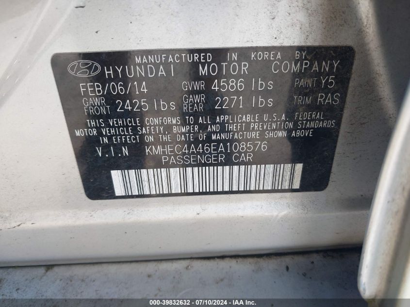 2014 Hyundai Sonata Hybrid Limited VIN: KMHEC4A46EA108576 Lot: 39832632