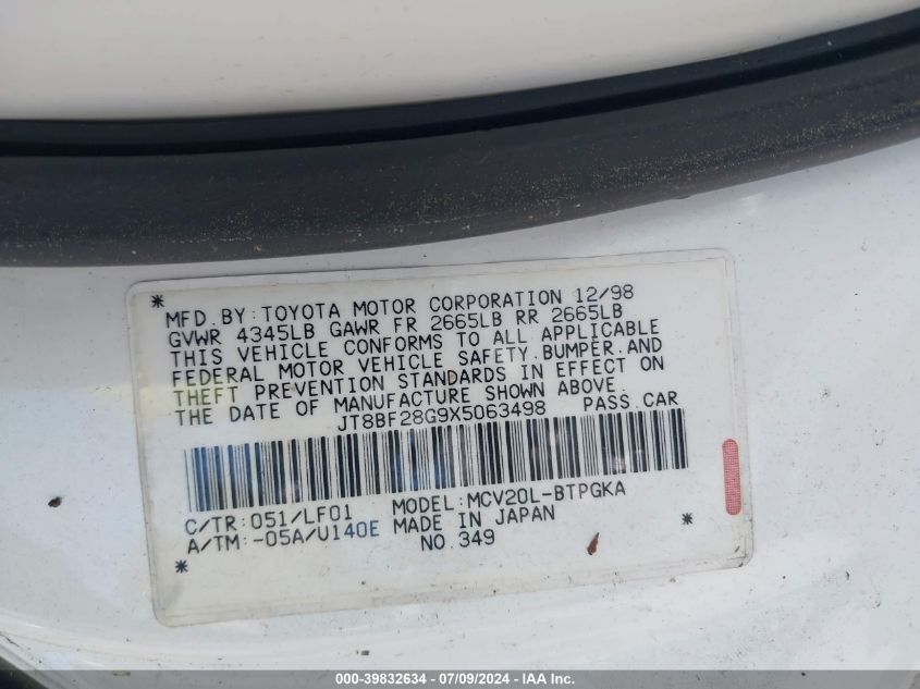 1999 Lexus Es 300 VIN: JT8BF28G9X5063498 Lot: 39832634