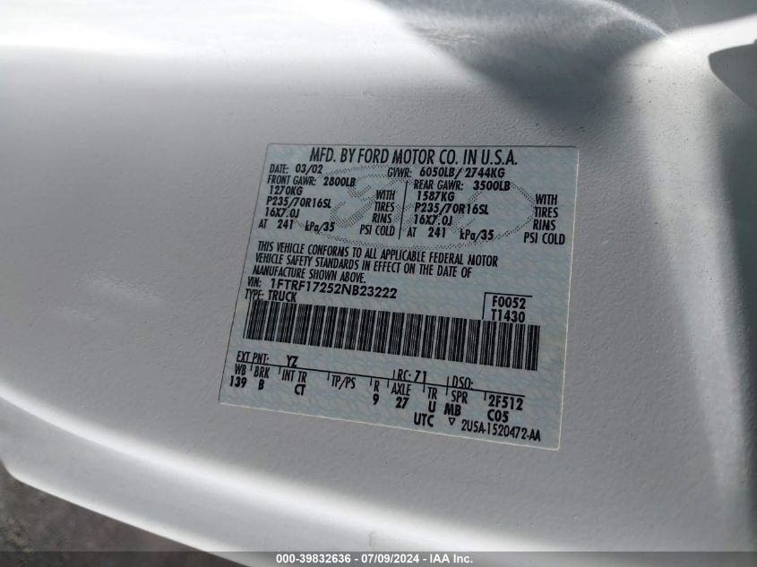 2002 Ford F-150 Xl/Xlt VIN: 1FTRF17252NB23222 Lot: 39832636