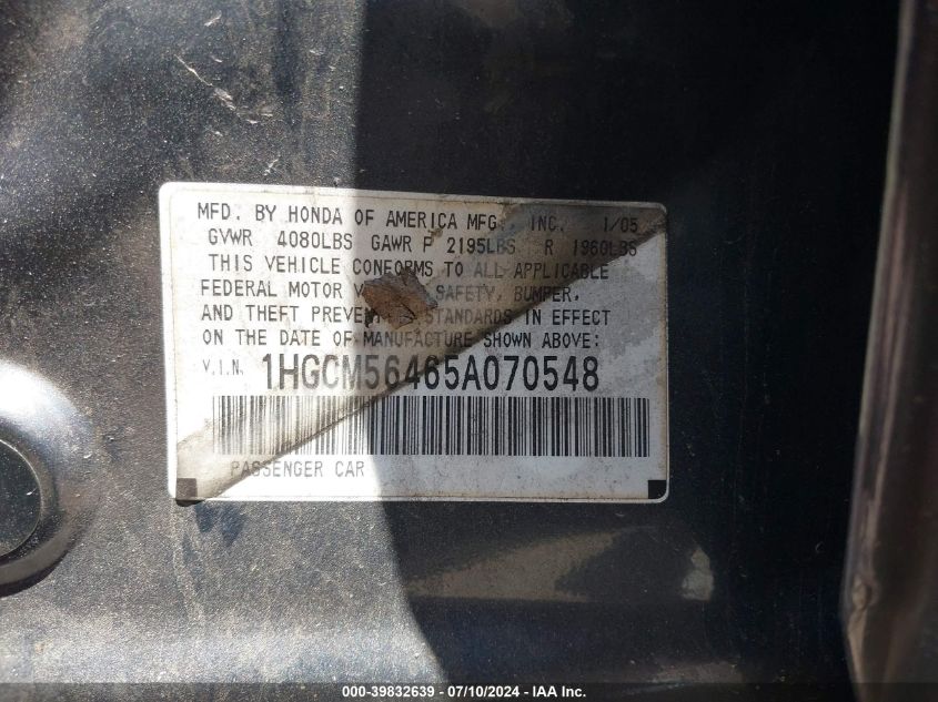 2005 Honda Accord 2.4 Lx VIN: 1HGCM56465A070548 Lot: 39832639