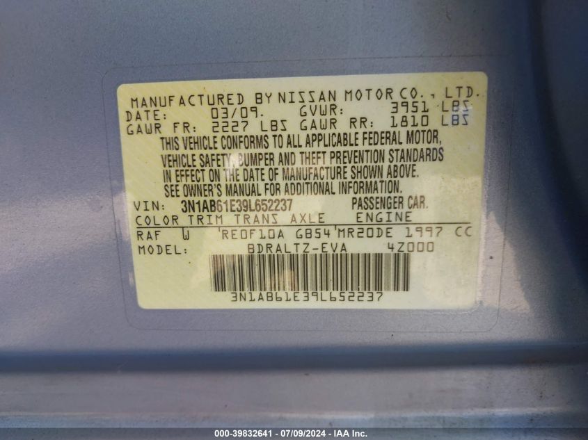 2009 Nissan Sentra 2.0S VIN: 3N1AB61E39L652237 Lot: 39832641
