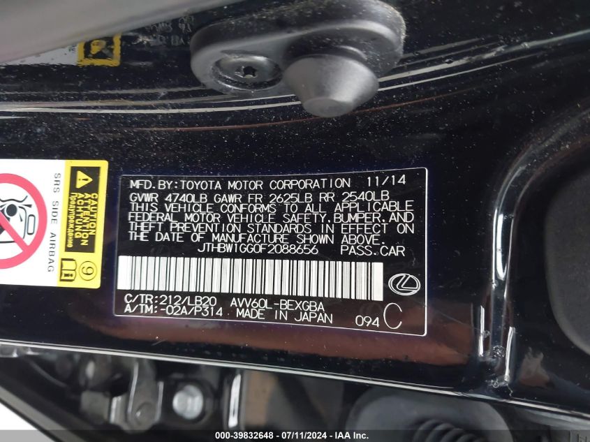 2015 Lexus Es 300H VIN: JTHBW1GG0F2088656 Lot: 39832648