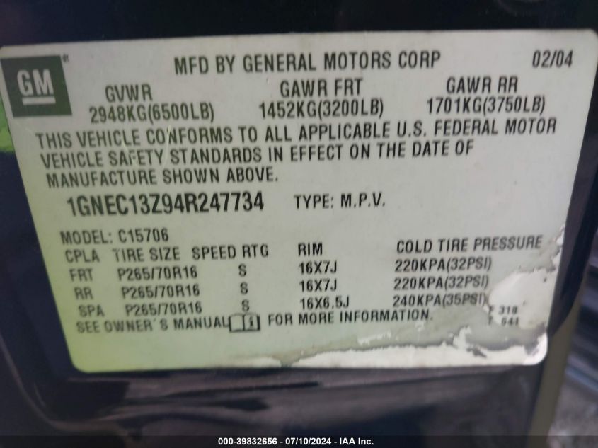 2004 Chevrolet Tahoe Ls VIN: 1GNEC13Z94R247734 Lot: 39832656