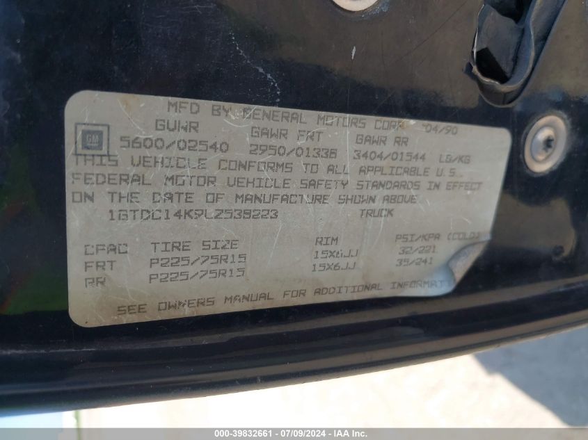 1990 GMC Sierra C1500 VIN: 1GTDC14K9LZ538223 Lot: 39832661