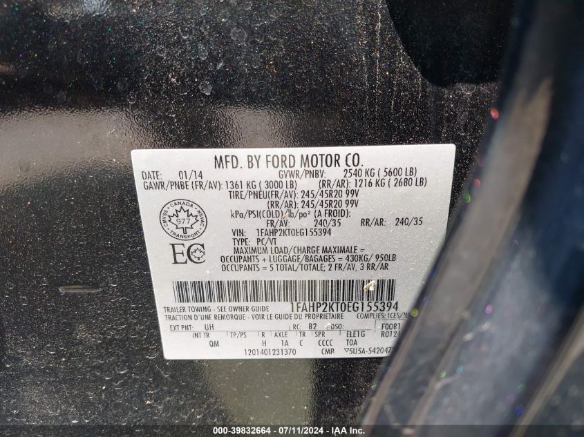 2014 Ford Taurus Sho VIN: 1FAHP2KT0EG155394 Lot: 39832664