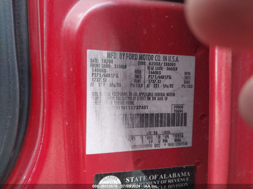 2001 Ford F-150 Harley-Davidson Edition/King Ranch Edition/Lariat/Xlt VIN: 1FTRW07W11KF37451 Lot: 39832676
