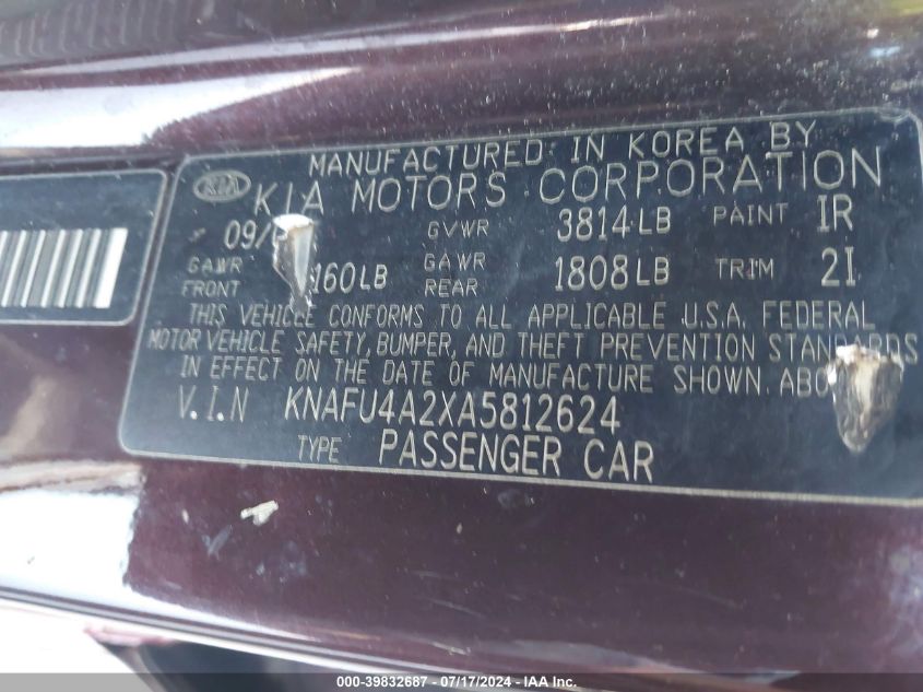 2010 Kia Forte Ex VIN: KNAFU4A2XA5812624 Lot: 39832687