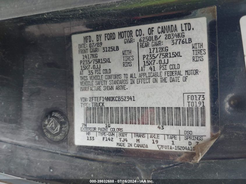 1989 Ford F150 VIN: 2FTEF14N0KCB52341 Lot: 39832688