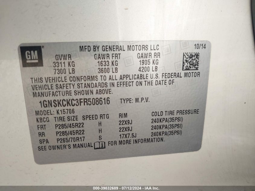 2015 Chevrolet Tahoe K1500 Ltz VIN: 1GNSKCKC3FR508616 Lot: 39832689