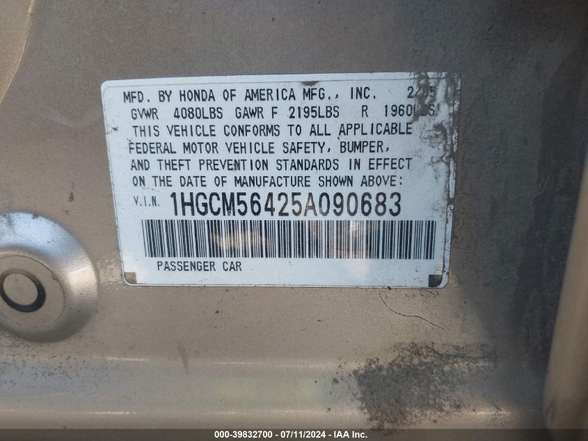 2005 Honda Accord 2.4 Lx VIN: 1HGCM56425A090683 Lot: 39832700