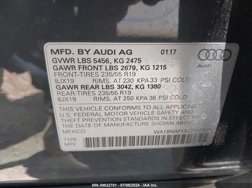 2018 Audi Q5 Premium Plus VIN: WA1BNAFY5J2002890 Lot: 39832701