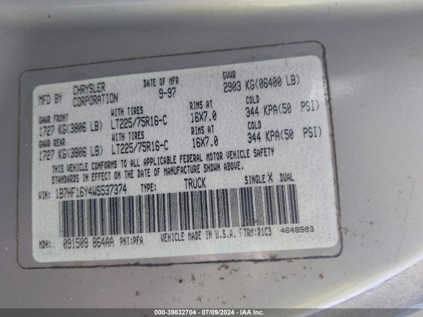 1998 Dodge Ram 1500 St VIN: 1B7HF16Y4WS537374 Lot: 39832704