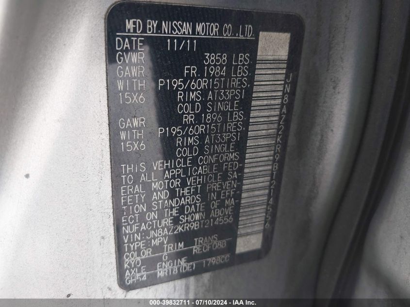 2011 Nissan Cube 1.8S VIN: JN8AZ2KR9BT214556 Lot: 39832711