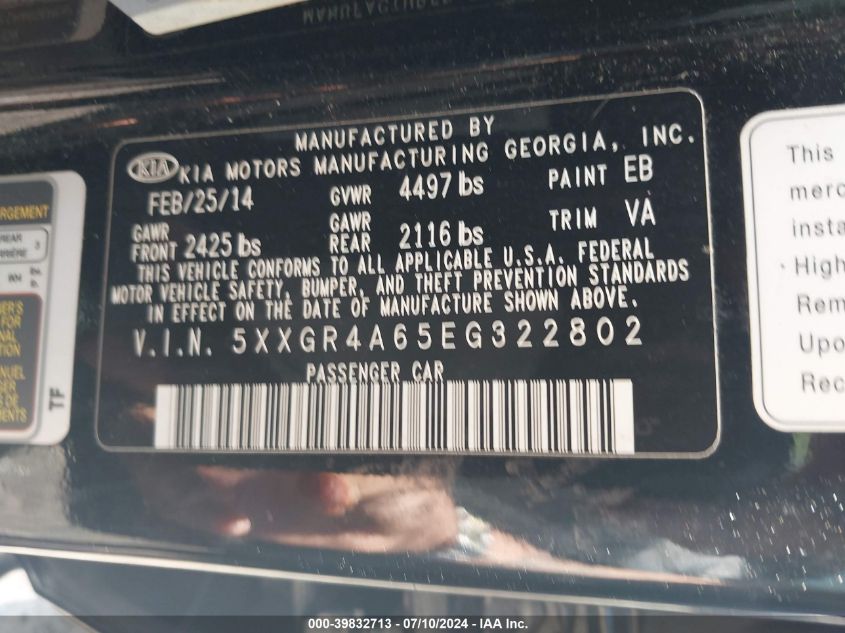 2014 Kia Optima Sx VIN: 5XXGR4A65EG322802 Lot: 39832713