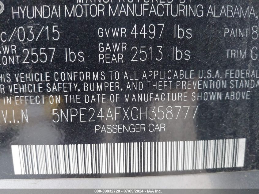 2016 Hyundai Sonata Se VIN: 5NPE24AFXGH358777 Lot: 39832720