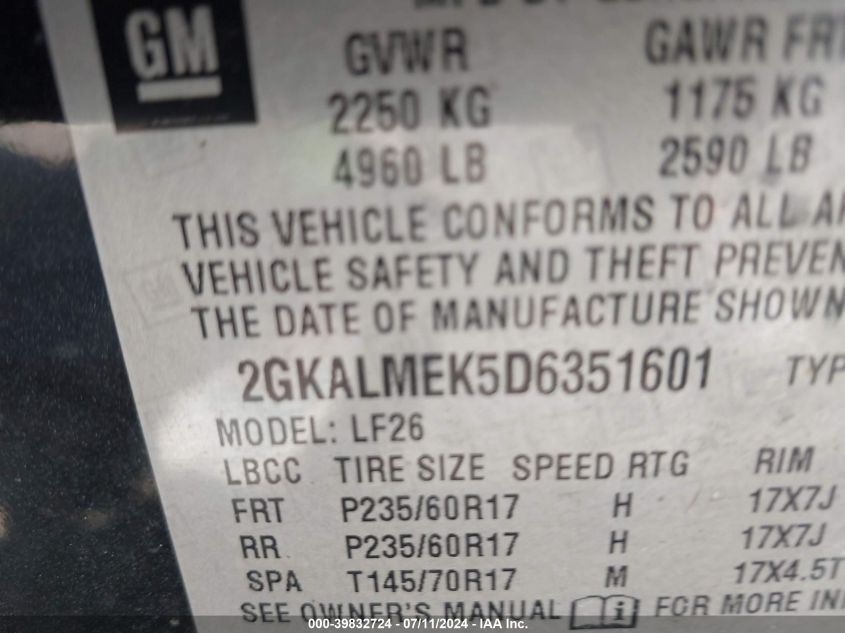 2013 GMC Terrain Sle-1 VIN: 2GKALMEK5D6351601 Lot: 39832724