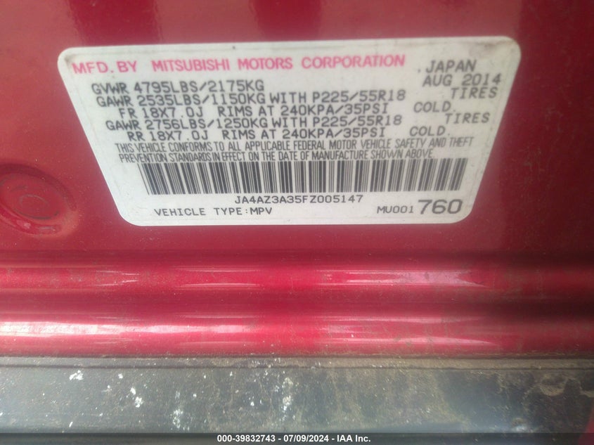 2015 Mitsubishi Outlander Se VIN: JA4AZ3A35FZ005147 Lot: 39832743