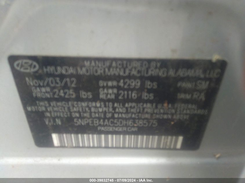 5NPEB4AC5DH638575 | 2013 HYUNDAI SONATA