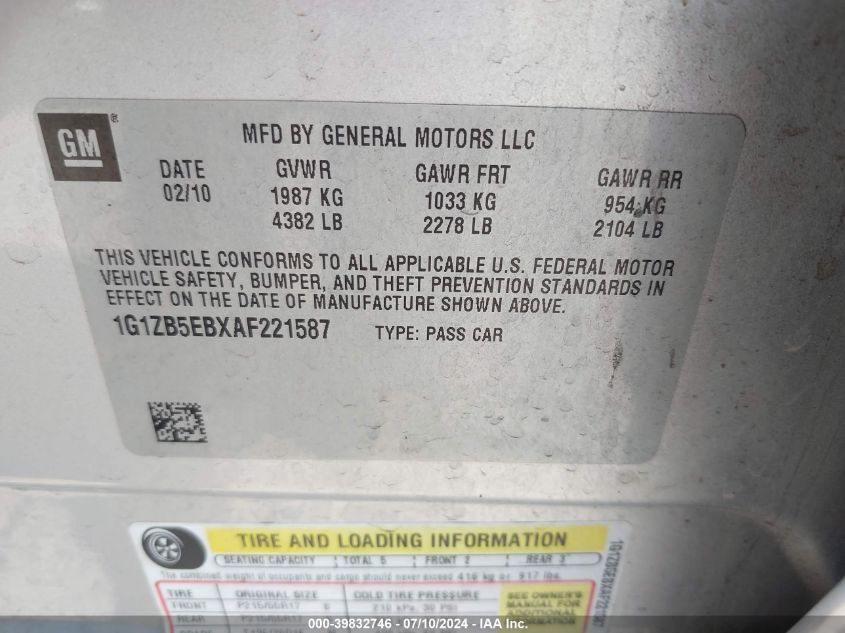 2010 Chevrolet Malibu Ls VIN: 1G1ZB5EBXAF221587 Lot: 39832746