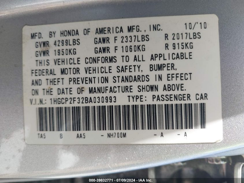 2011 Honda Accord 2.4 Lx VIN: 1HGCP2F32BA030993 Lot: 39832771