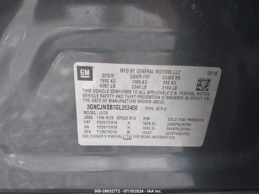 2016 Chevrolet Trax 1Ls VIN: 3GNCJNSB7GL263466 Lot: 39832772