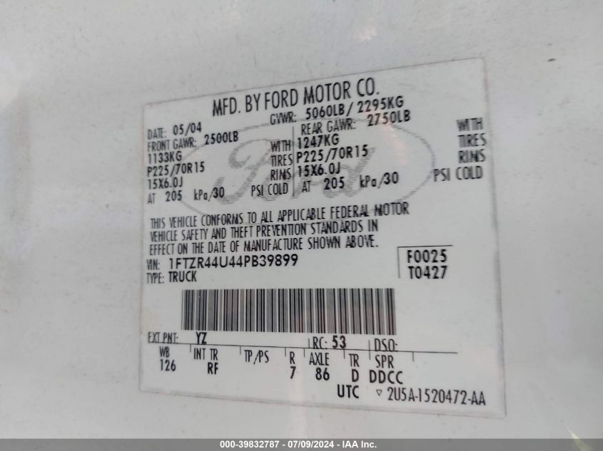 2004 Ford Ranger Edge/Tremor/Xlt VIN: 1FTZR44U44PB39899 Lot: 39832787