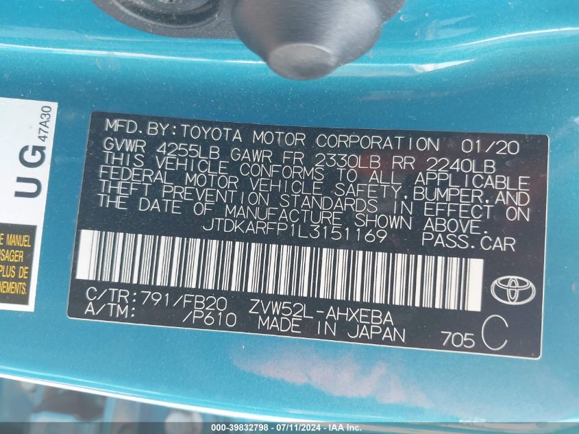 2020 Toyota Prius Prime Le VIN: JTDKARFP1L3151169 Lot: 39832798