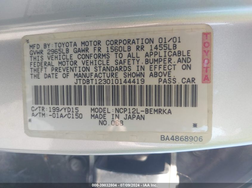 2001 Toyota Echo VIN: JTDBT123010144419 Lot: 39832804