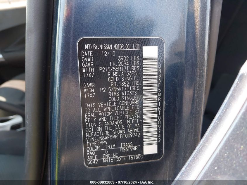 2011 Nissan Juke Sv VIN: JN8AF5MR1BT009742 Lot: 39832809