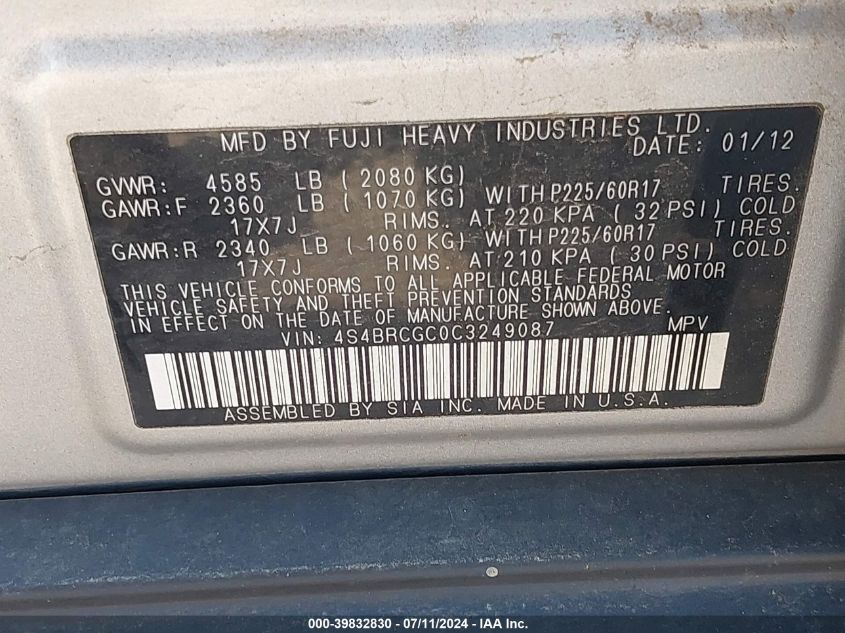 2012 Subaru Outback 2.5I Premium VIN: 4S4BRCGC0C3249087 Lot: 39832830