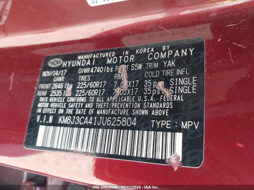 2018 Hyundai Tucson Sel VIN: KM8J3CA41JU625804 Lot: 39832858