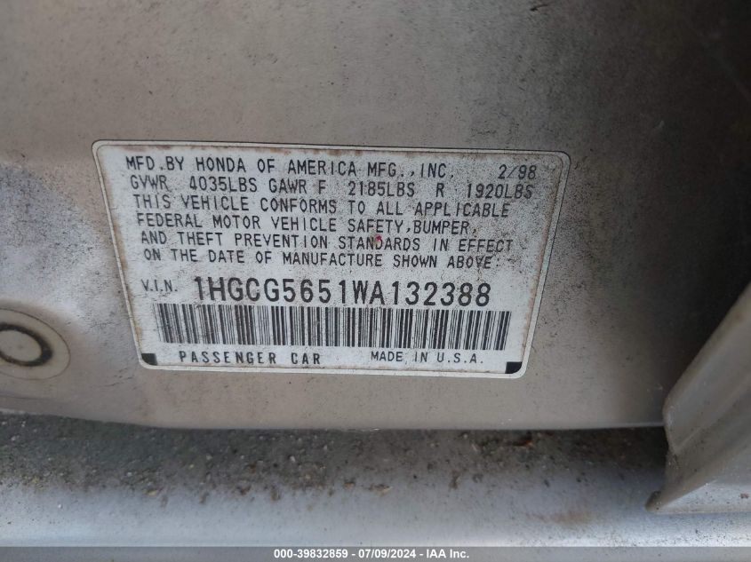 1HGCG5651WA132388 | 1998 HONDA ACCORD