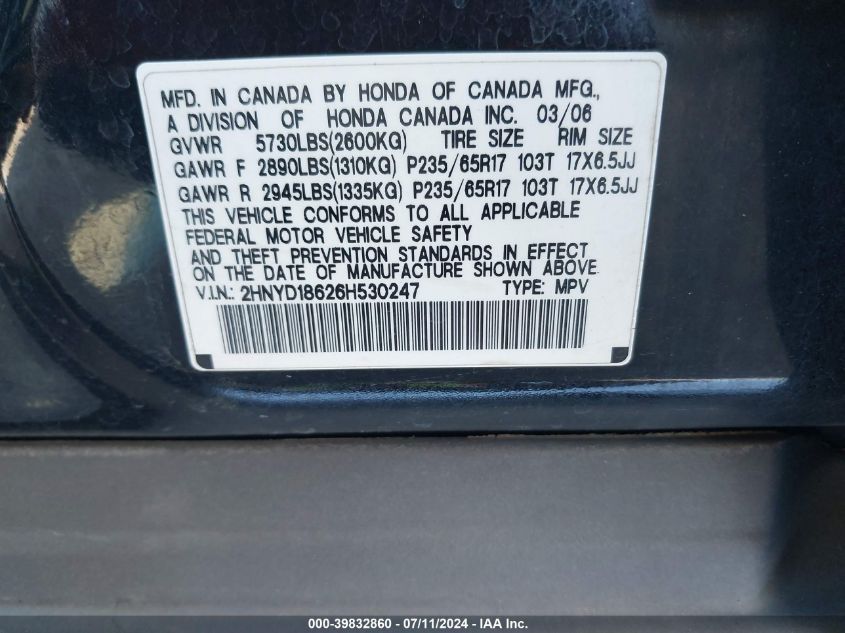2006 Acura Mdx VIN: 2HNYD18626H530247 Lot: 39832860