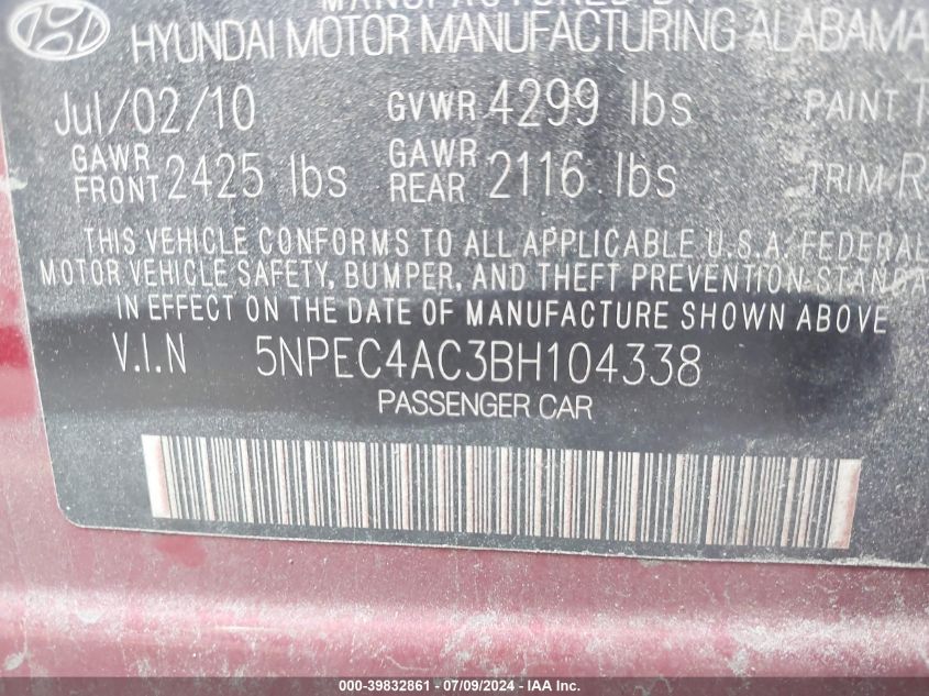 2011 Hyundai Sonata Se VIN: 5NPEC4AC3BH104338 Lot: 39832861