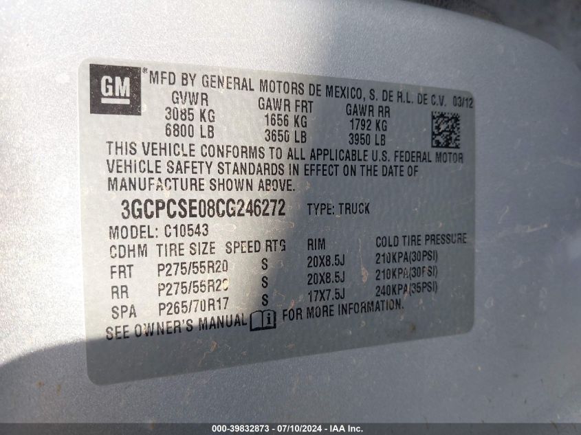 2012 Chevrolet Silverado 1500 Lt VIN: 3GCPCSE08CG246272 Lot: 39832873