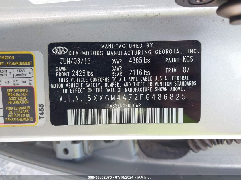 2015 Kia Optima Lx VIN: 5XXGM4A72FG486825 Lot: 39832875