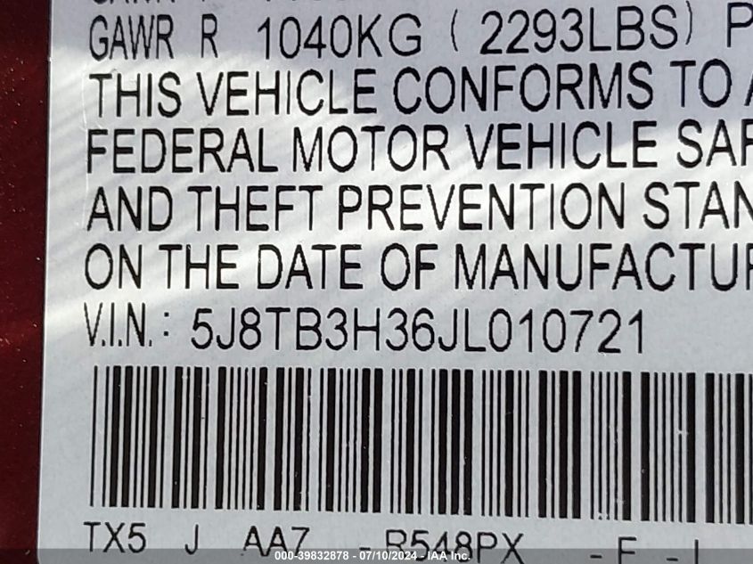 2018 Acura Rdx Acurawatch Plus Package VIN: 5J8TB3H36JL010721 Lot: 39832878